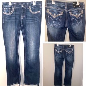 Miss Me Bootcut Jeans size 31 flap pockets sequins embroidered inseam 34" blue